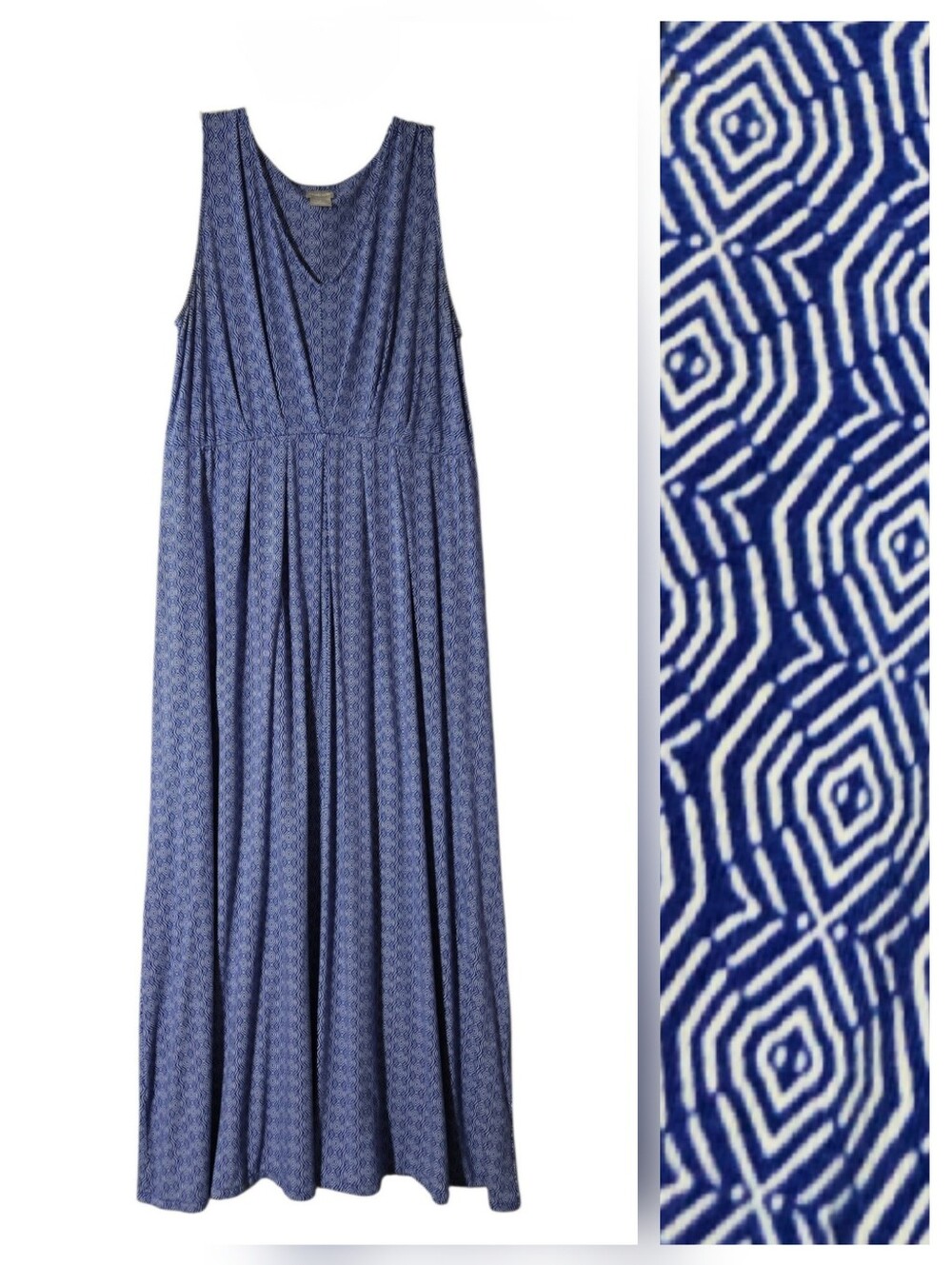 Chico's Blue White Geo Print V-Neck Sleeveless Maxi Dress Size 12/14